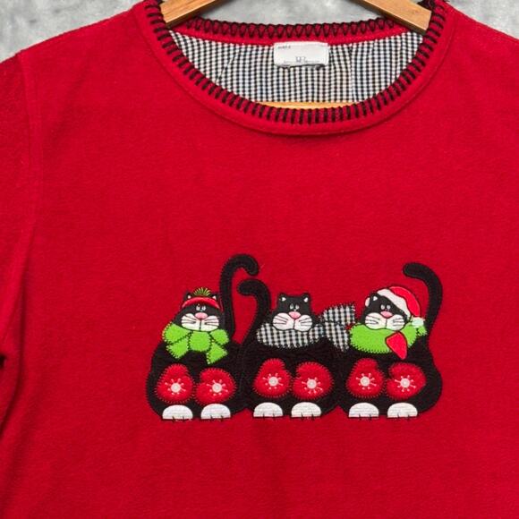 Red Fleece Christmas Cats Holiday Festive Long Sleeve Top Women Small - Picture 3 of 6